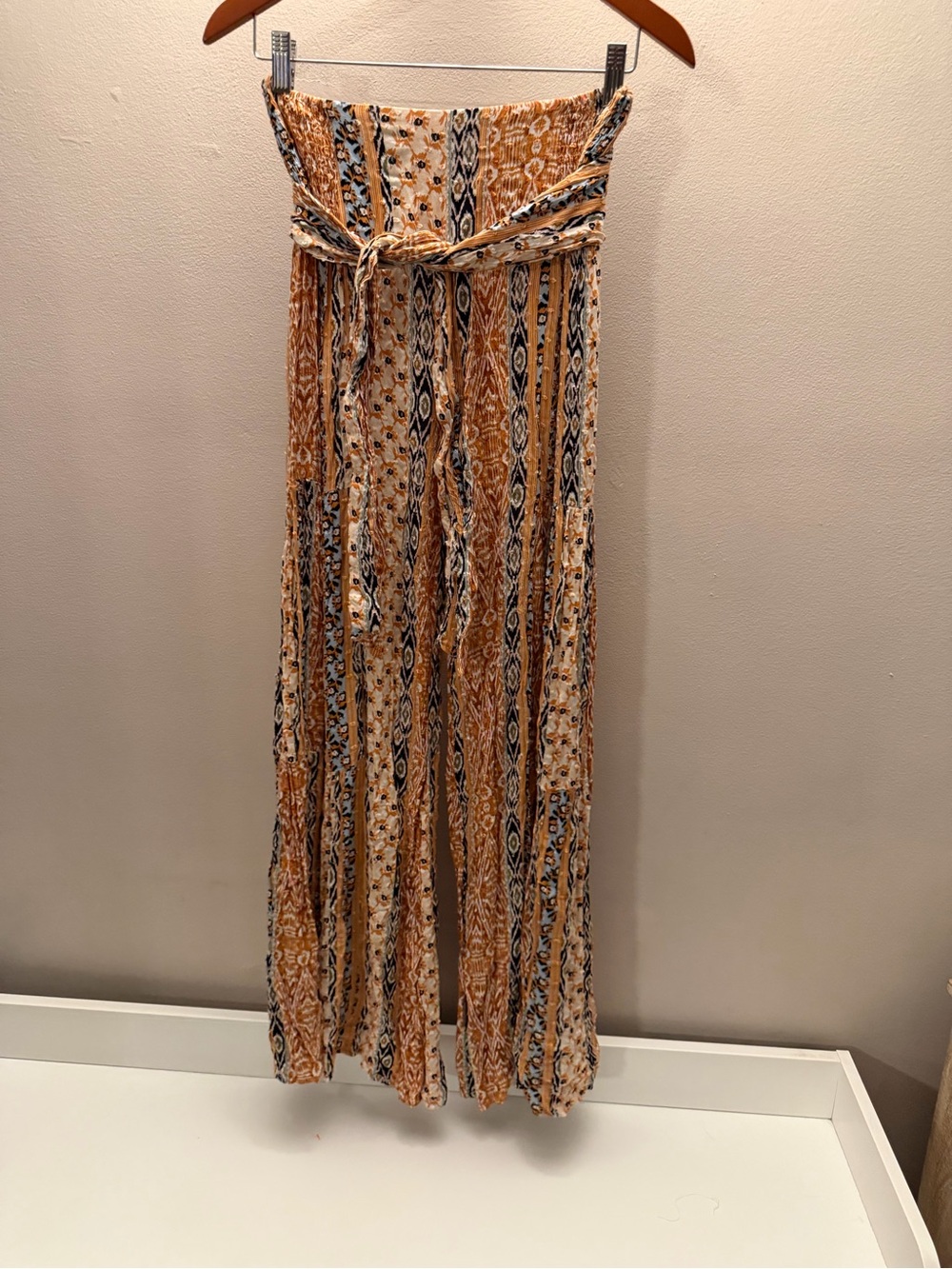 Olivaceous Orange Boho Print Wide Leg Smocked Waist Pants Tie‎ Belt Size M